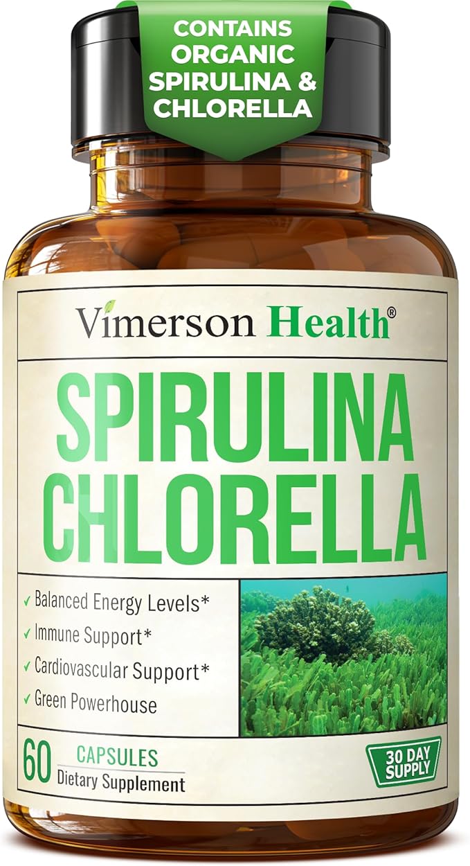 Organic Spirulina and Chlorella Capsules - Spirulina Capsules with Chlorella Powder for Immune Antioxidant &amp Energy Support. Nutritious Super Green. Vegan &amp Non-GMO. Third Party Tested. 60 Ca