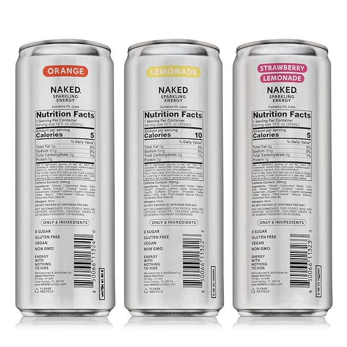 Naked Sparkling Energy - Sample Box - Three Flavors - Lemonade Orange and Strawberry Lemonade