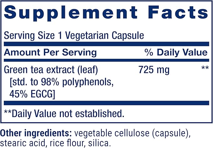 Life Extension Lightly Caffeinated Mega Green Tea Extract Camellia sinensis Extract with Concentrated EGCG polyphenol Content Gluten-Free Non-GMO Vegetarian 100 Capsules
