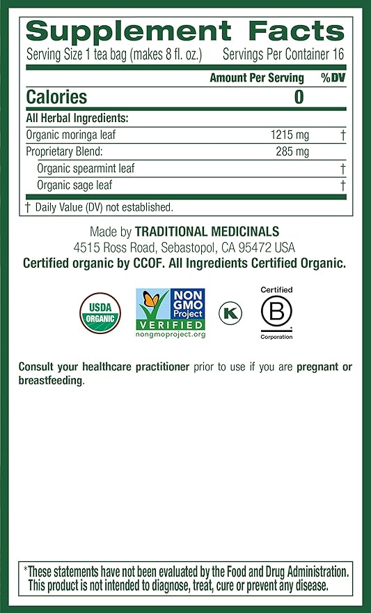 Traditional Medicinals Organic Moringa Tea with Spearmint &amp Sage USDA Certified Organic Non-GMO 16 Count (Pack of 6)