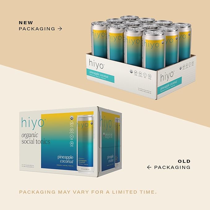Hiyo Organic Social Tonic - Pineapple Coconut 12 Pack - N.A. Functional Seltzer Sparkling Water Crafted with Organic Adaptogens Nootropics &amp Botanicals