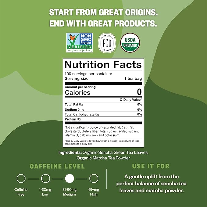 FGO Organic Japanese Matcha + Green Tea 100 Count Eco-Conscious Tea Bags Resealable Bag Packaging May Vary (Pack of 1)