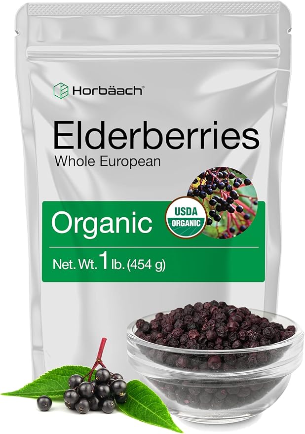 Horbäach Elderberries Dried Organic | 1 lb Bulk Bag | Whole European | Non-GMO Gluten Free | Sambucus Nigra
