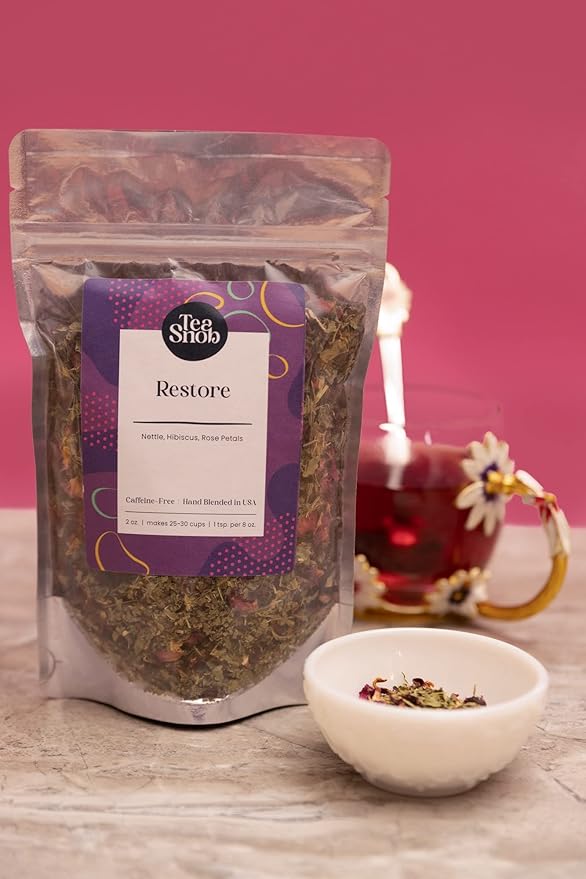 Tea Snob's Restore blend Hibiscus Nettle Rose 2oz loose leaf tea hot or iced caffeine free hand blended resealable pouch keeps your tea fresh makes 25-30 cups