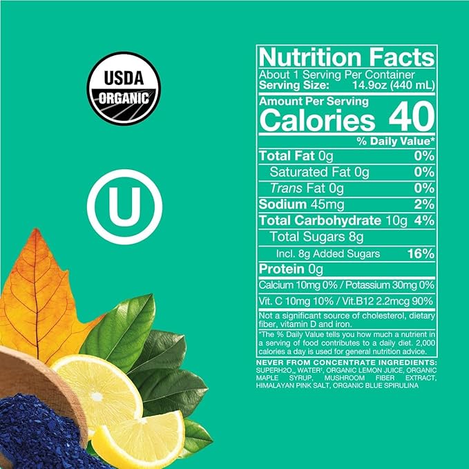 Organic SuperAde Hydration Drink Boosts Memory SuperFood Lemonade by Sol-ti Cold-Pressed Blue Spirulina and Lemon Juice Blend 16 Pack (14.9 Fl oz)