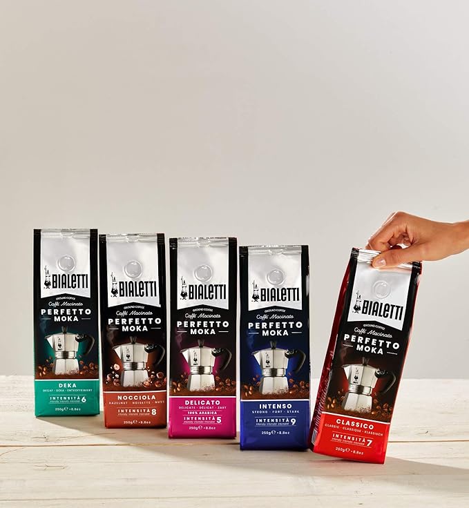 Bialetti - Perfetto Moka Nocciola: Gemahlener Kaffee mit mittlerer Röstung Haselnuss-Aroma 250g x 6 Beutel mit Aromaschutzventil