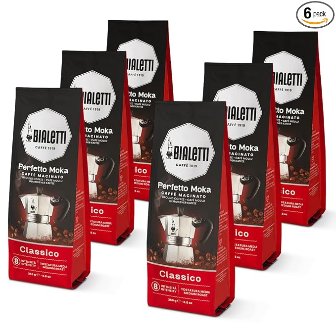 Bialetti - Perfetto Moka Classico: Medium roast ground coffee hazelnut and dried fruit aroma 250g x 6 bag with aroma valve