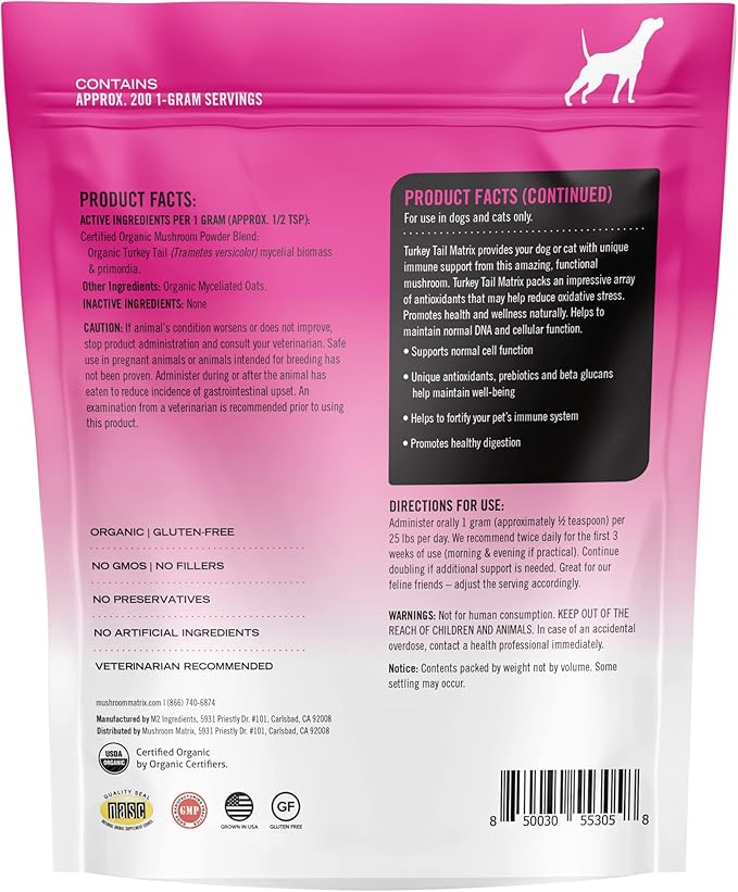 Om Mushroom Matrix Turkey Tail Mushroom Pet Supplement Powder Provides Immunity Support &amp Holistic Defense for Dogs &amp Cats 200 Grams 7.1 oz