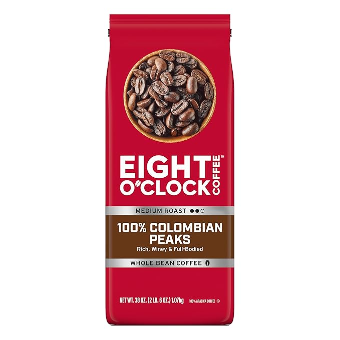 Eight O'Clock Coffee 100% Colombian Peaks Whole Bean Coffee Medium Roast 38 Ounce (Pack of 1) - Rich Winey &amp Full Bodied