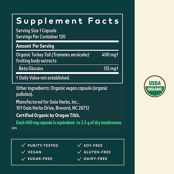 Gaia Herbs Turkey Tail Mushroom - Traditional Immune Support &amp Liver Health Supplement* - with Organic Turkey Tail Mushroom Fruiting Body Extract - 120 Vegan Capsules (120 Servings)
