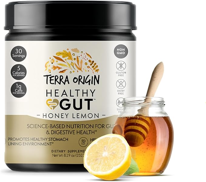 TERRA ORIGIN Healthy Gut Powder (Honey Lemon) | 30-Servings with L-Glutamine Zinc Glucosamine Slippery Elm Bark and More!