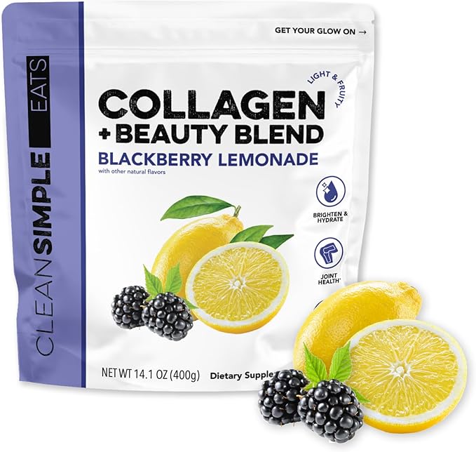Clean Simple Eats Collagen Powder + Beauty Blend BlackBerry Lemonade Hydrolyzed Collagen Peptides from Grass Fed Bovine &amp Chicken Hyaluronic Acid for Hair Skin Nail &amp Joint Support 30 Se