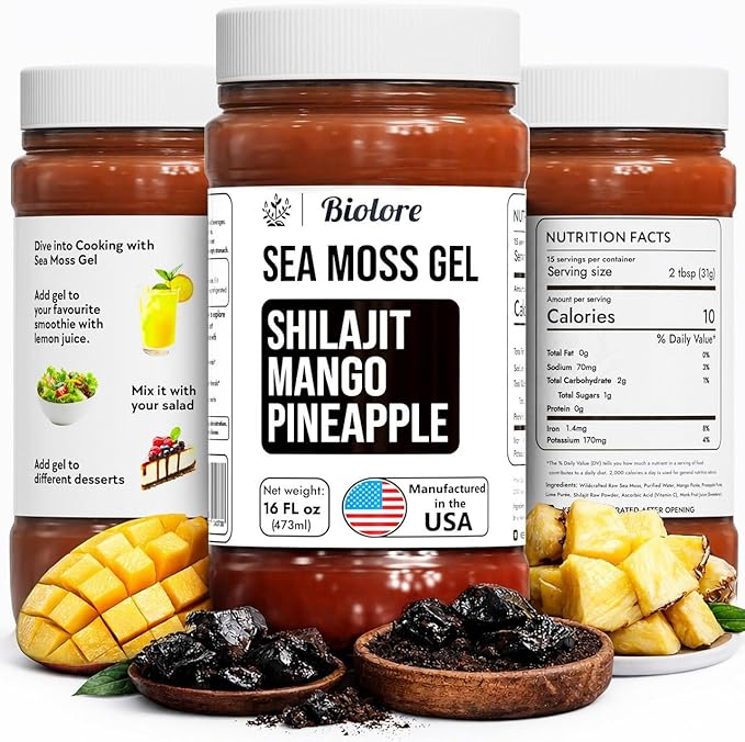 Biolore Wildcrafted Sea Moss Gel with Shilajit - Mango Pineapple 16 oz - Flavored Sea Moss Gel with Essential Vitamins &amp Trace Minerals - Vegan Superfood - Made in USA Gluten-Free No Added Sugar