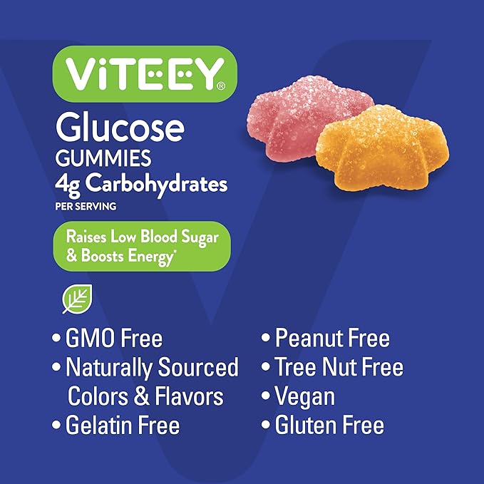 Viteey Glucose Gummies - 4g of Carbohydrates - Fast Acting Alternative to Glucose Tablets - Energy and Blood Sugar Support - Vegan Gluten Free Gelatin Free - 120 Count