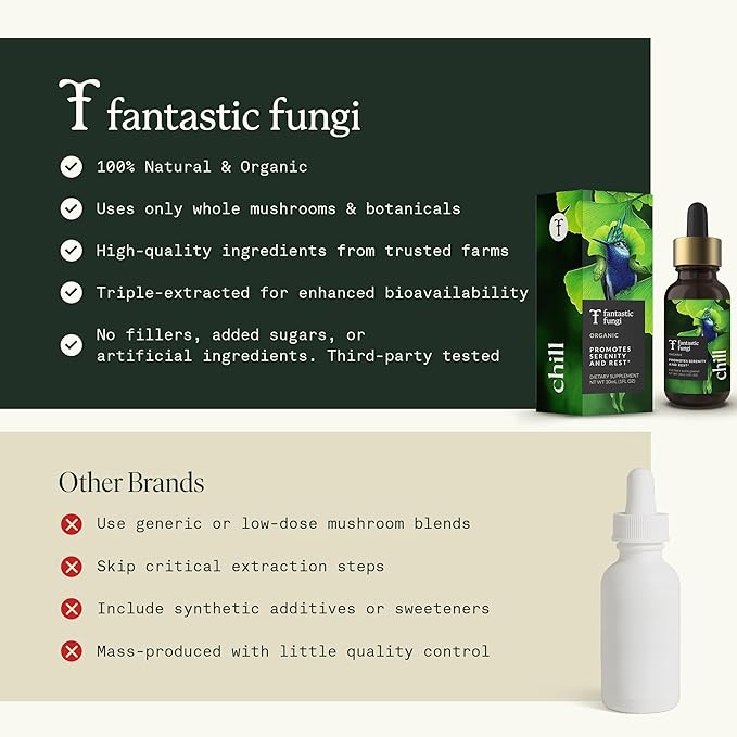 Fantastic Fungi Reishi Mushroom Extract Drops - Chill Elixir Mushroom Tincture with Holy Basil Shiitake &amp Vervain - 4-in-1 Organic Mood Support Supplement for Relaxation &amp Calm 30 Servings