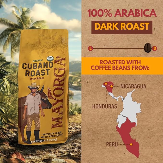 Mayorga Dark Roast Coffee 5lb bag Cubano Roast 100% Arabica Café Whole Coffee Beans - Smoothest Organic Coffee - Specialty Grade Non-GMO Direct Trade