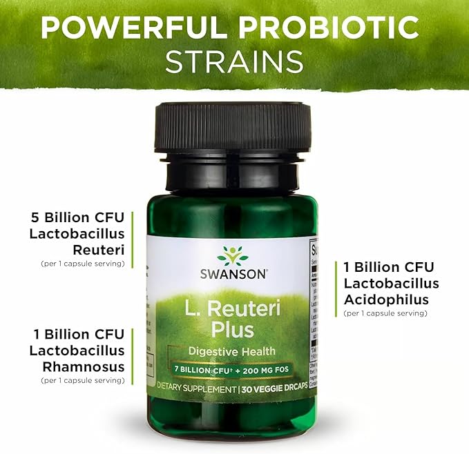 Swanson L. Reuteri Probiotic Plus with L. Rhamnosus L. Acidophilus &amp FOS Prebiotic for Gut-Health-Conscious Adults - 7 Billion CFU (30 Vegan Capsules 2 Pack)