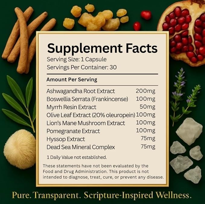 Christian Health Frankincense Myrrh Olive Leaf Capsules – Ashwagandha Lion’s Mane Pomegranate Hyssop &amp Dead Sea Minerals – Vegan Non-GMO GMP Certified Faith-Based Herbal Supplement – 30 Ct