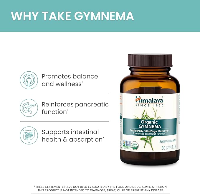 Himalaya Organic Gymnema Sylvestre – Herbal Glucose Metabolism Support - USDA Organic Non-GMO Vegan Gluten Free Additive Free 700 mg 30 Caplets (Pack of 2)