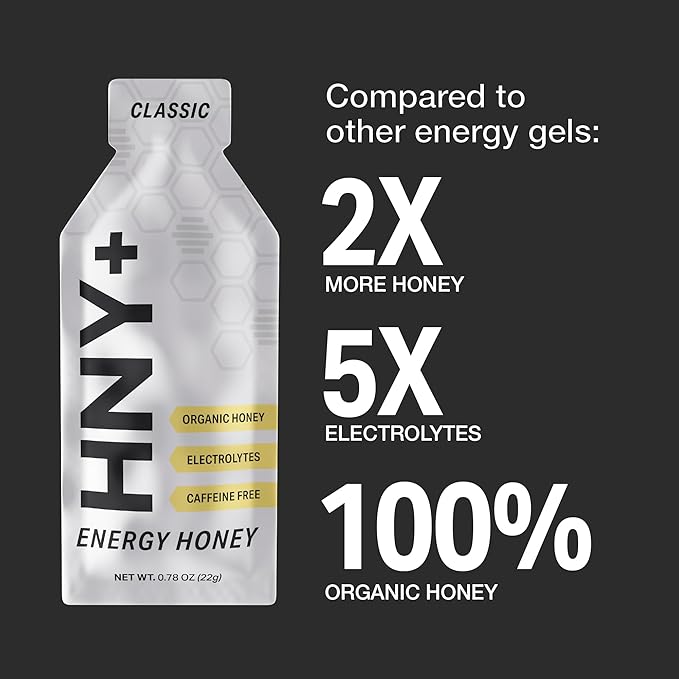 HNY+ Organic Honey Energy Gel with Electrolytes Magnesium Sea Salt &amp Potassium Gluten Free &amp Vegan Workout Gels for Gym Running Cycling &amp Hiking Sports Nutrition Caffeine Free 12