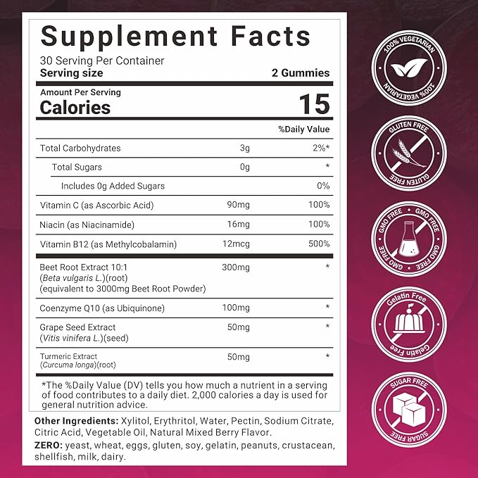 Beet Root Gummies Nitric Oxide Supplements for Men &amp Women with COQ10 Turmeric Extract Vitamin C &amp B12 Vegan Non-GMO Sugar Free 120 Cts