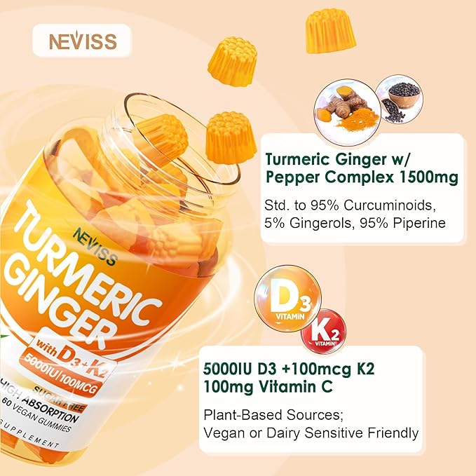 Turmeric and Ginger Gummies Supplement 1500mg w/Vitamin D3 5000 IU K2 (MK7) &amp Black Pepper Sugar Free Vegan Ginger and Turmeric Curcumin Supplements Gummy for Bone Immune &amp Digestive Health