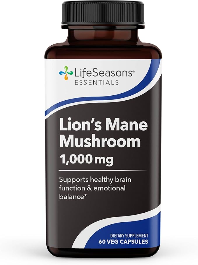 LifeSeasons Essentials Lion's Mane Mushroom - Support Healthy Brain Function &amp Emotional Balance - Stimulate Nerve &amp Brain Cell Growth - Mood Enhancer - 1000mg per Serving - 60 Capsules