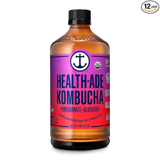 Health-Ade Kombucha Tea Organic Drink Fermented Tea with Living Probiotics Detoxifying Acids Supports Gut Health Non-GMO Vegan Gluten Free 12 Pack (16 Fl Oz Bottles) Pomegranate Blueberry