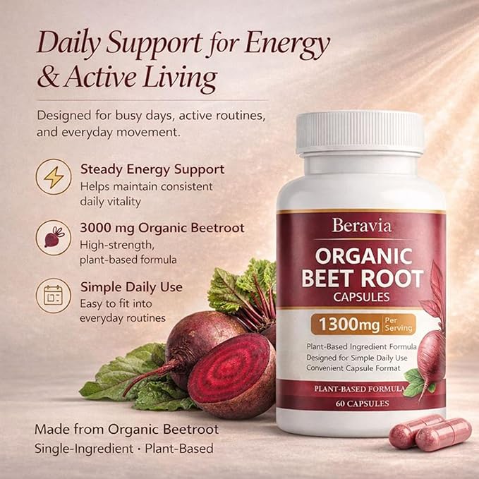 Organic Beet Root Capsules – 1300 mg Beetroot per Serving Supports Circulation &amp Daily Energy for Active Lifestyles Plant-Based Antioxidant Formula 60 Capsules (1)