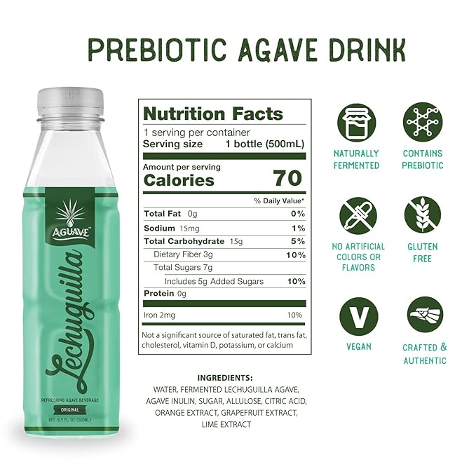 AGUAVE Lechuguilla Prebiotic Agave Drink 16.9Fl Oz | Nonalcoholic Fermented Agave | Low Sugar | Traditional Mexican Soft Drink (12 pack Lechuguilla Original)