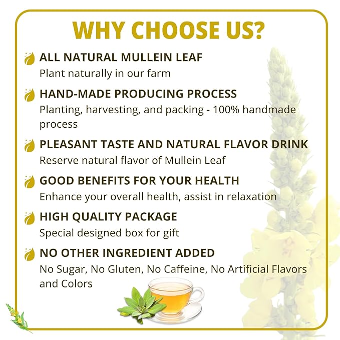 VIDA FARM Mullein Leaf Tea Bags 125 Tea Bags 100% Natural Mullein Leaves Tea Dried Herbal Tea Bags No Additives Caffeine Free Sugar Free