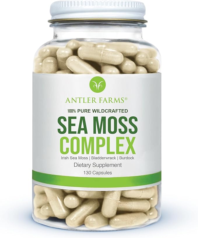 Antler Farms – 100% Pure Sea Moss Complex 130 Capsules Wildcrafted Irish Sea Moss Bladderwrack and Burdock Root – A Potent Blend for Wellness Vegan-Friendly Gluten Soy and Dairy Free