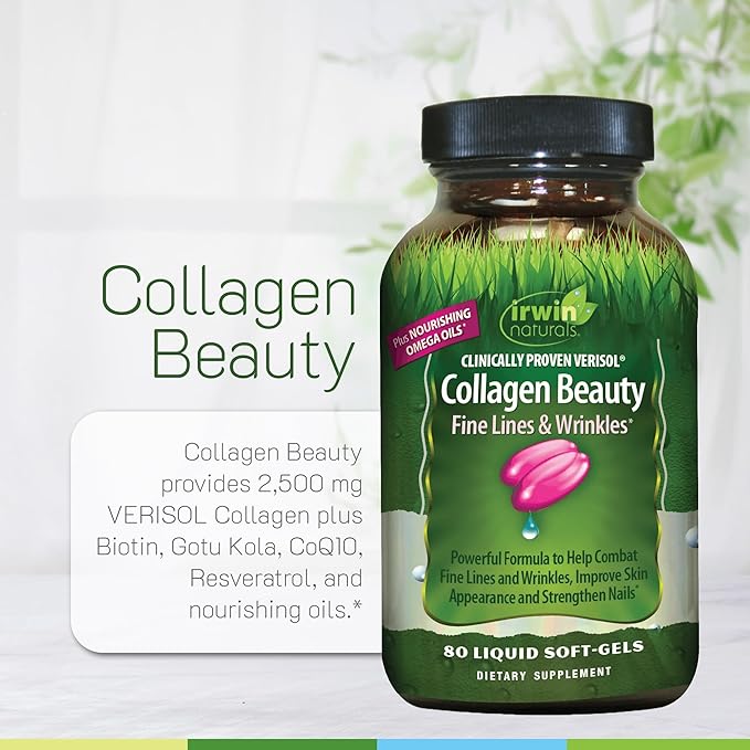 Irwin Naturals Collagen Beauty – 80 Liquid Soft-Gels – Advanced Skin Hair &amp Nail Nourishment - 2 Pack