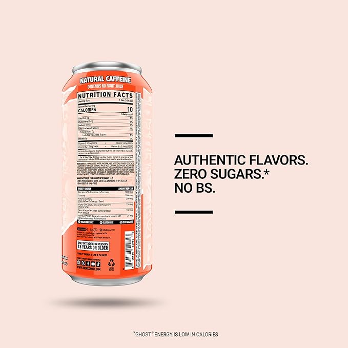 GHOST Energy Drink - 12-Pack Peaches 16oz - Energy &amp Focus &amp No Artificial Colors - 200mg of Natural Caffeine L-Carnitine &amp Taurine - Gluten-Free &amp Vegan