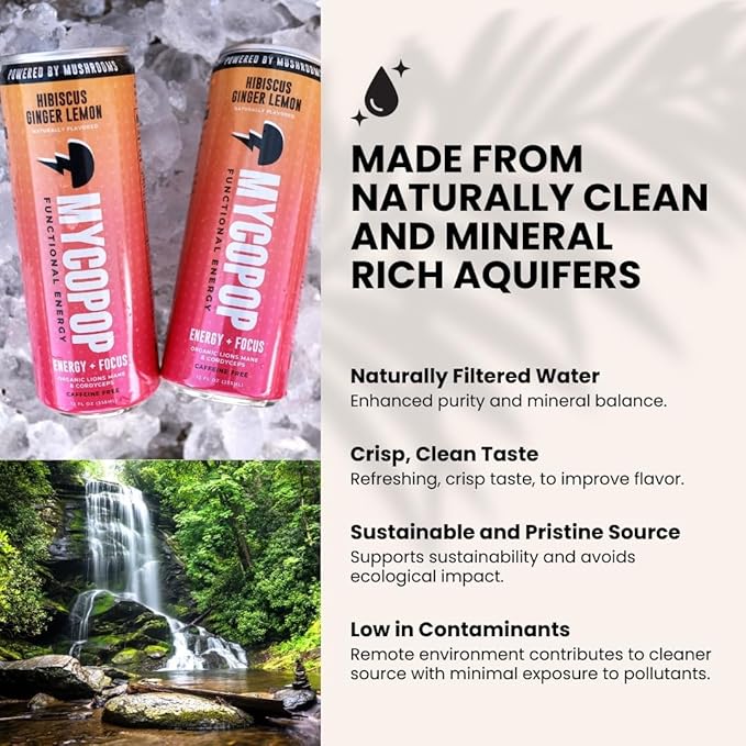 Mycopop Functional Mushroom Energy Drink Caffeine-Free 25 Calories with Lions Mane &amp Cordyceps Hibiscus Ginger Lemon Flavor 12 fl oz