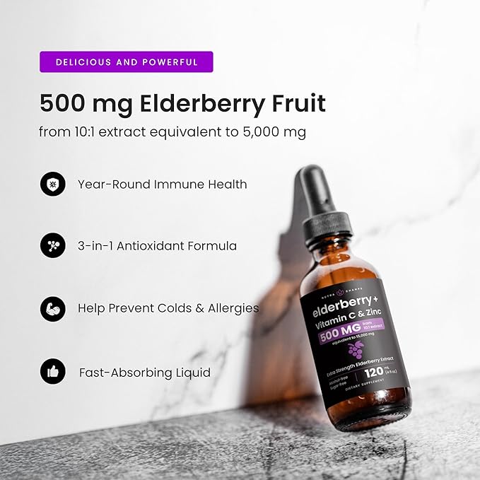 NutraChamps Organic Elderberry Syrup - 5000mg Elderberry Extract with Vitamin C &amp Zinc - Black Elderberry Liquid Drops - Sugar-Free Immunity Booster Vegan Gluten-Free