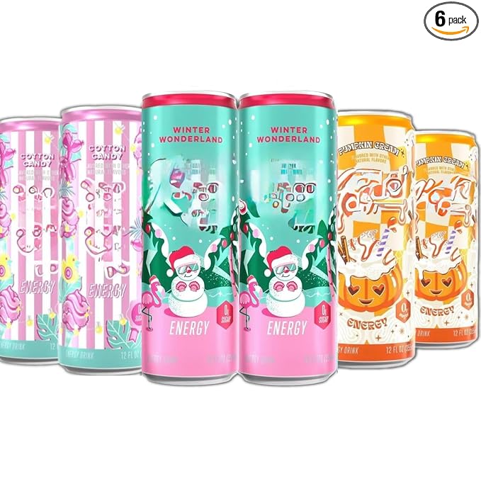 New Alani Energy Drinks Cotton Candy Winter Wonderland Pumpkin Cream Variety Pack Sugar-Free Low-Calorie 200mg Caffeine Energy Boost Drink 12 fl oz (Pack of 6)