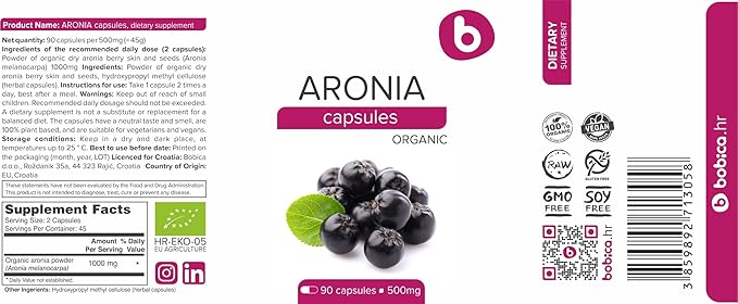 Organic Aronia Berry Capsules – Black Chokeberry Supplement with Natural Anthocyanins &amp Polyphenols – Supports Immune System – from Aronia Berries Powder – Non-GMO – 500mg 90 Vegan Capsules