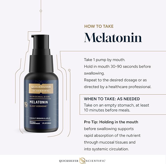 Quicksilver Scientific Liposomal Melatonin - Bedtime Jet Lag &amp Immune Support Liquid for Adults - Efficient Superior Absorption 1mg to Minimize Morning Drowsiness (30 ml)