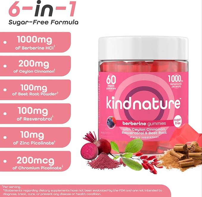 kindnature Berberine Gummies 1000mg with Ceylon Cinnamon &amp Resveratrol – Sugar-Free Vegan Supplement for Blood Sugar Support Metabolism Cravings Wellness – Non-GMO Gluten-Free