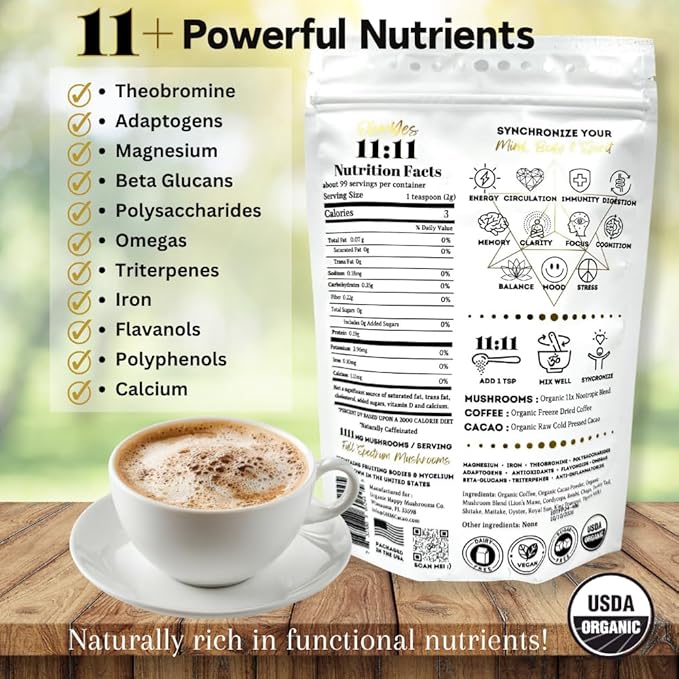 OhmYes Mocha Mushroom Coffee with Pure Cacao | Organic 11 Mushroom Adaptogen Blend (Lions Mane Reishi Chaga Cordyceps) | Premium Chocolate Dark Roast Instant Coffee | Unsweetened | 7oz