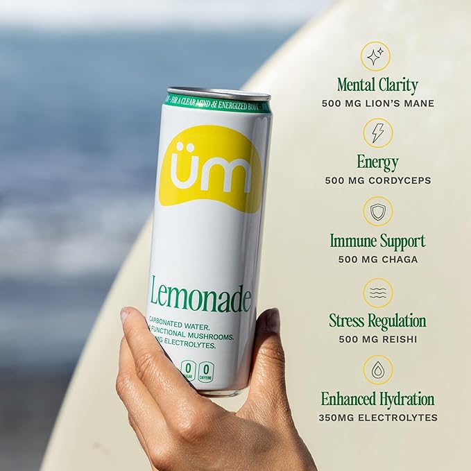 üm Functional Sparkling Water with Lions Mane Cordyceps Reishi Chaga &amp Electrolytes - Mental Clarity Energy Immunity Stress Relief Hydration - Zero Sugar Zero Caffeine 12fl oz Pack of 1
