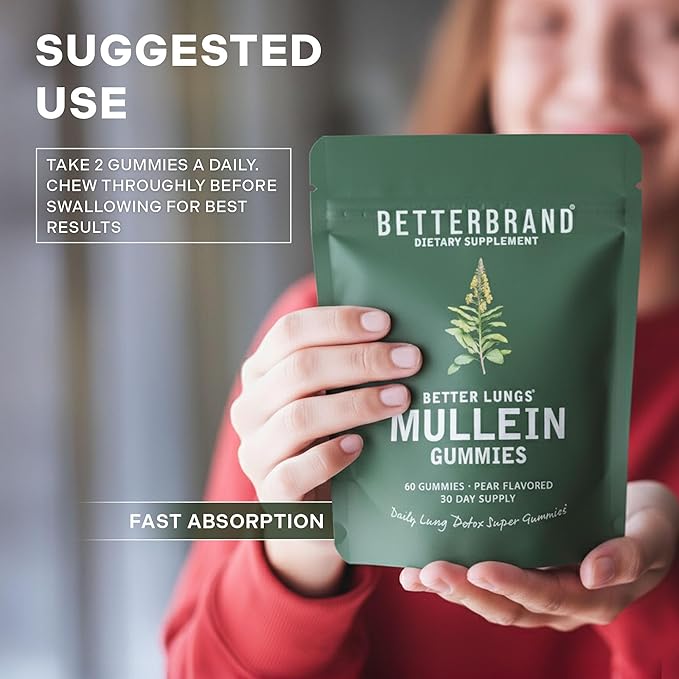 Betterbrand Mullein Chewable Gummies for Lung Cleanse and Detox Respiratory Health Supplement 1000mg Mullein Extract per Serving 180 Gummies - 90 Day Supply - Pear Flavored