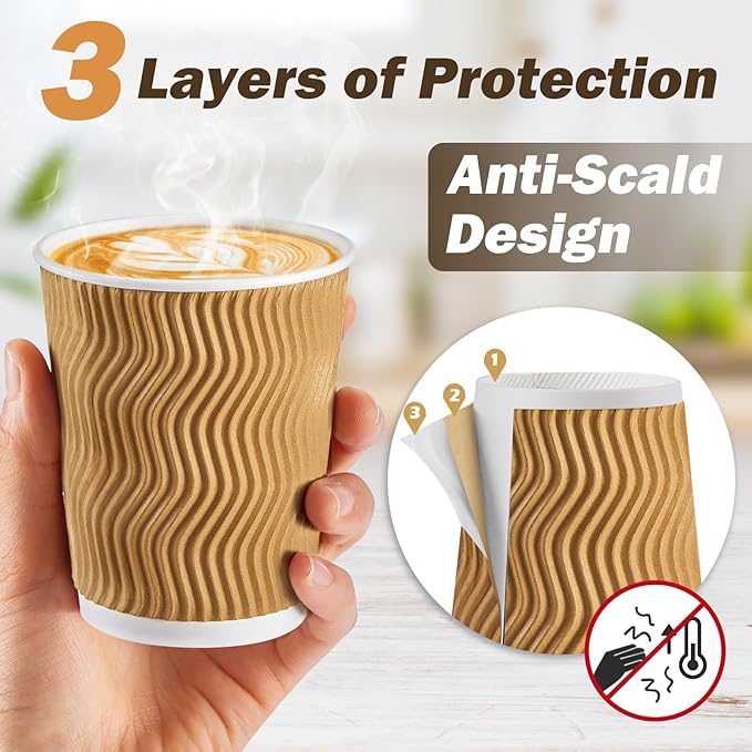 SIUQ 90 Pack - 8 oz Disposable Coffee Cups with Lids and StrawsTo go Coffee CupsInsulated Corrugated Paper CupsKraft Ripple Wall Cups for Hot Beverage or Cold Drinks -Champagne