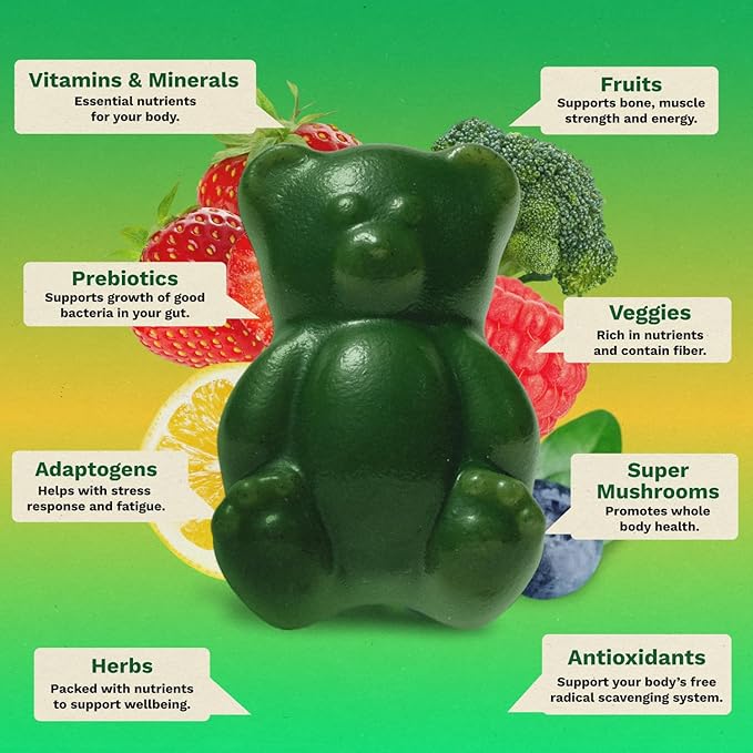 Gruns Sugar-Free Super Greens Gummies Multivitamin Superfood Gummy Bears Spirulina Chlorella Prebiotics &amp Fiber gummies for Digestive Health Adaptogens Supplement 20 Vitamins &amp Minerals