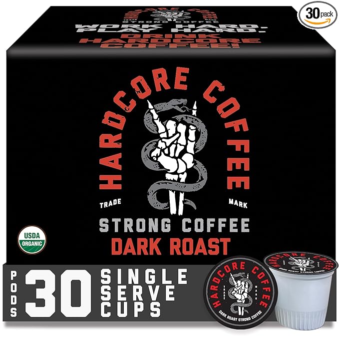 Hardcore Coffee Single Serve Coffee Pods for Keurig K Cup Brewers High Caffeine Strong Roast 30 Count