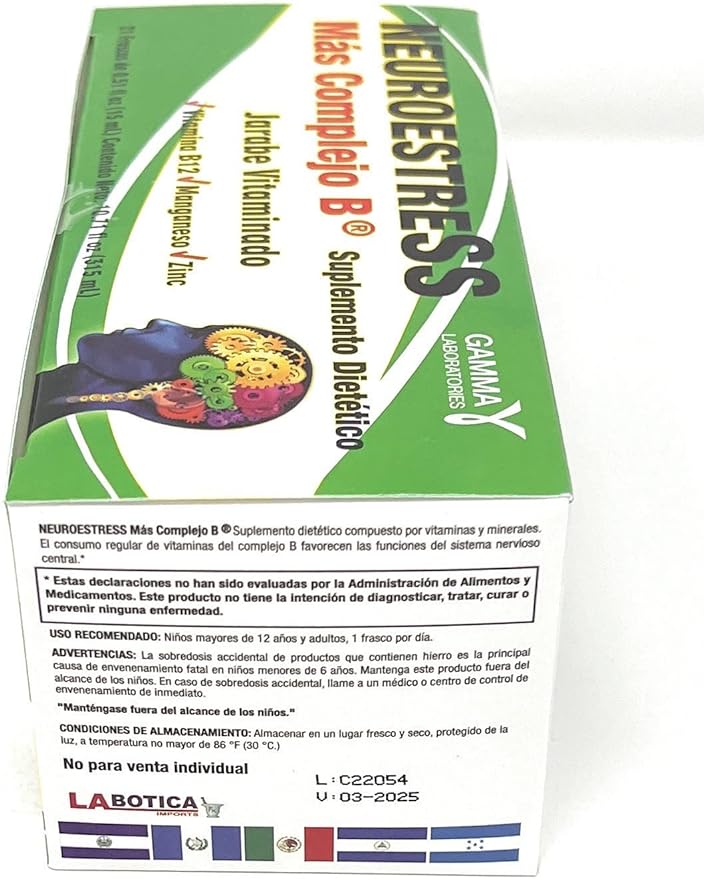 Neuroestress Dietary Supplement Vitaminized Syrup with Vitamin B12 Manganase and Zinc 21 Bottles of 0.51 Fl Oz Each