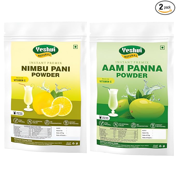 Yeshvi NATURAL Nimbu Pani Powder &amp Aam panna Powder Combo Pack Instant Mix Drink Powder Just Add Water &amp Drink Easy to Make Beverage Summer Drink Each 100gm Pack of 2