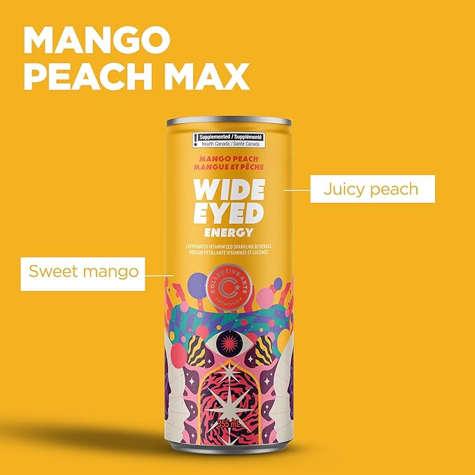 Collective Arts Wide Eyed Energy Drinks | Naturally-Flavored Caffeinated Vitaminized Sparkling Beverage With Fruit Extracts | Mango Peach MAX | Pack of 12 | 12 fl oz.(355ml)