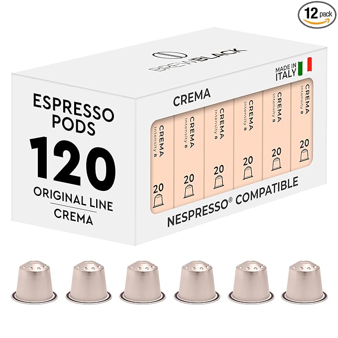 BrewBlack Crema Coffee Capsules - 120 Aluminum Coffee Pods Compatible with Nespresso Original line Medium Roast - Intensity 8/12 Made in Italy